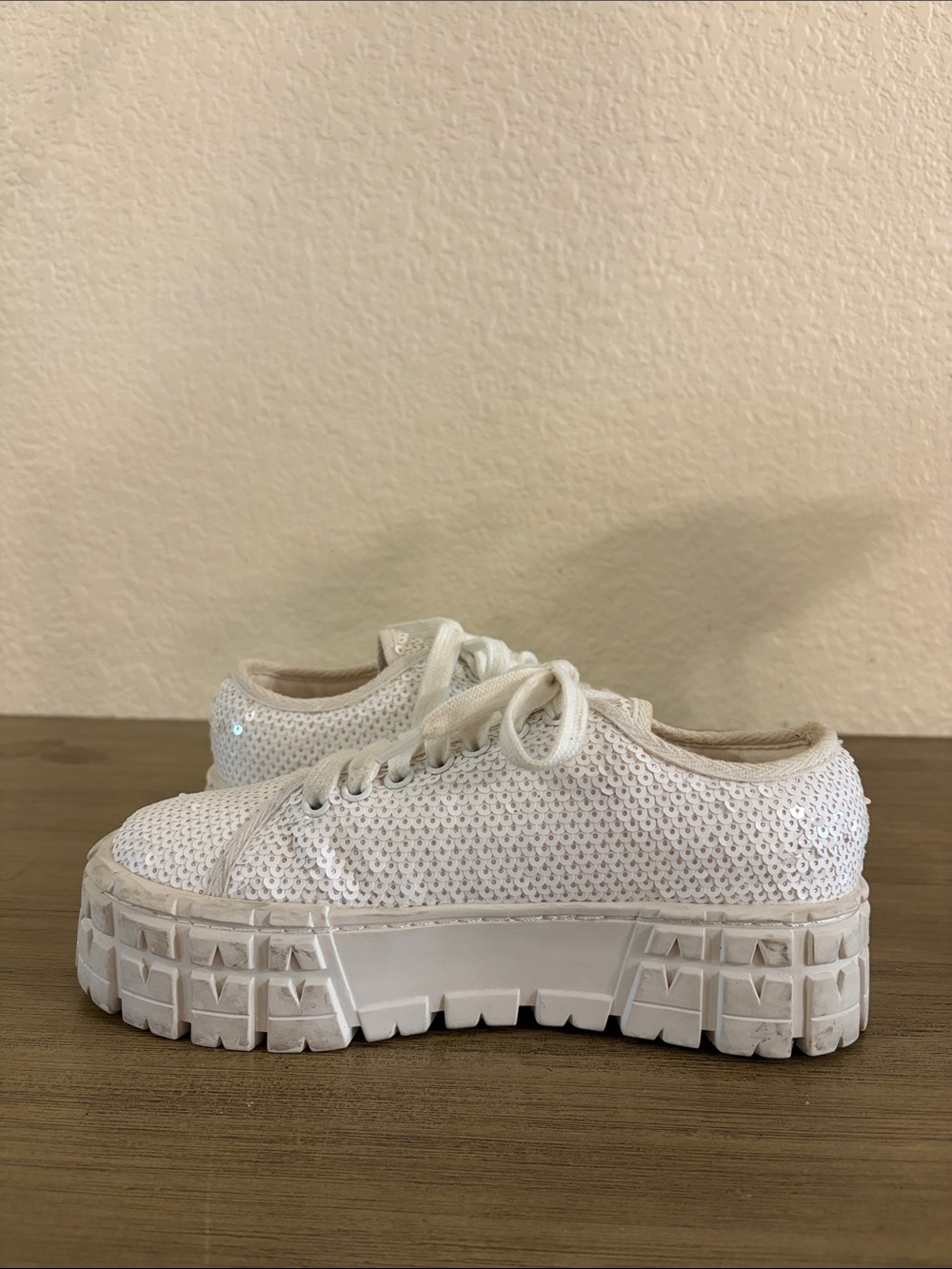 Prada White Sequins Double Wheel Platform Sneakers - Picture 7 of 11